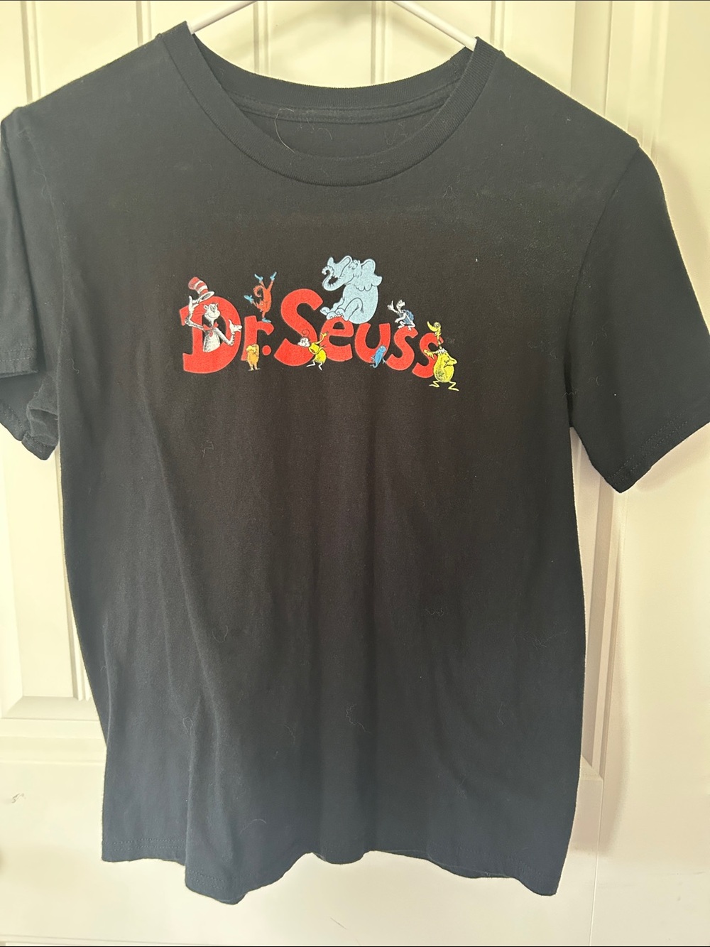 Dr. Seuss Black Tee with Red Lettering and Multicolor Characters